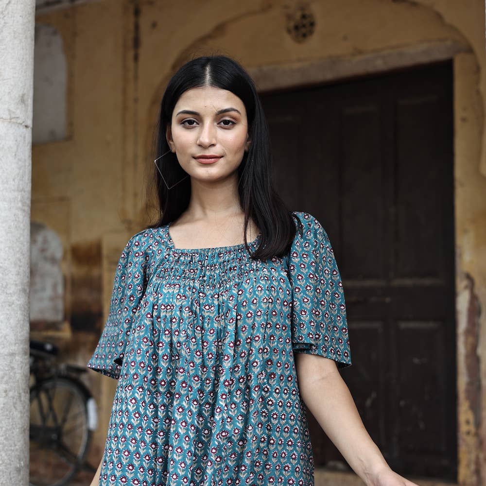 Block Printed Mini Dress (Sanvi dress) - Neptune