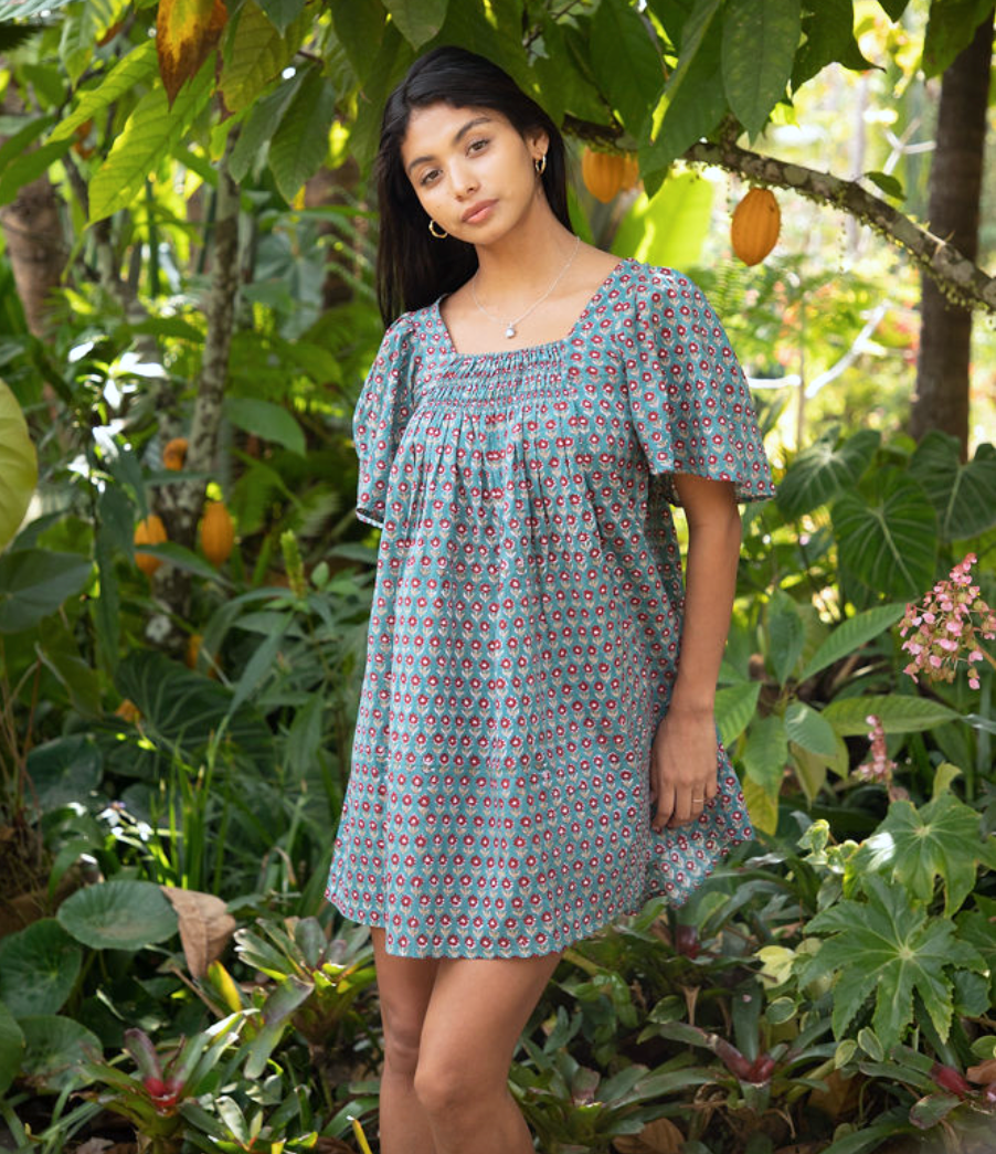 Block Printed Mini Dress (Sanvi dress) - Neptune