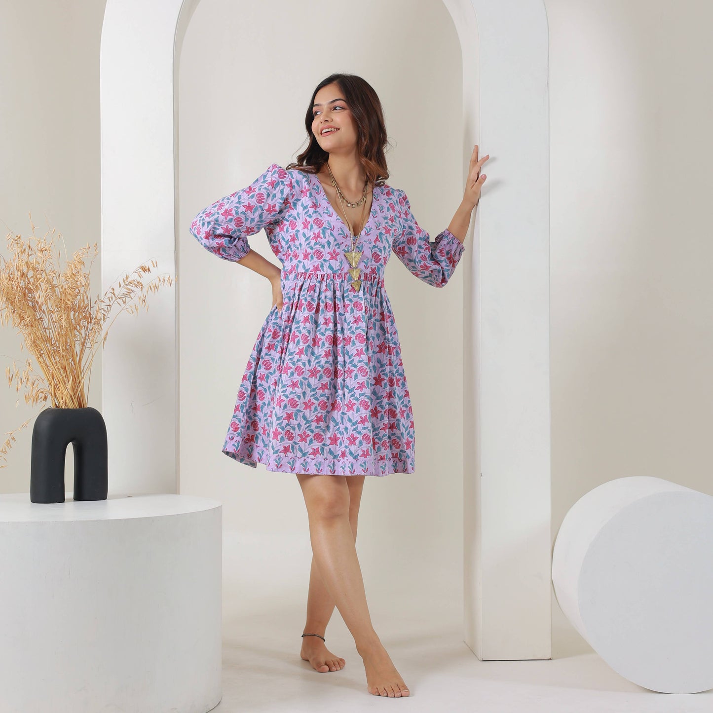 Block Printed Cotton Dress with Tie (Banhi)