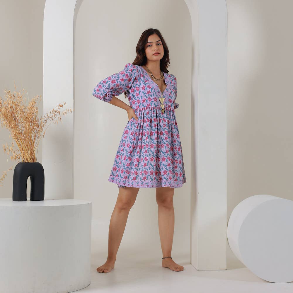 Block Printed Cotton Dress with Tie (Banhi)