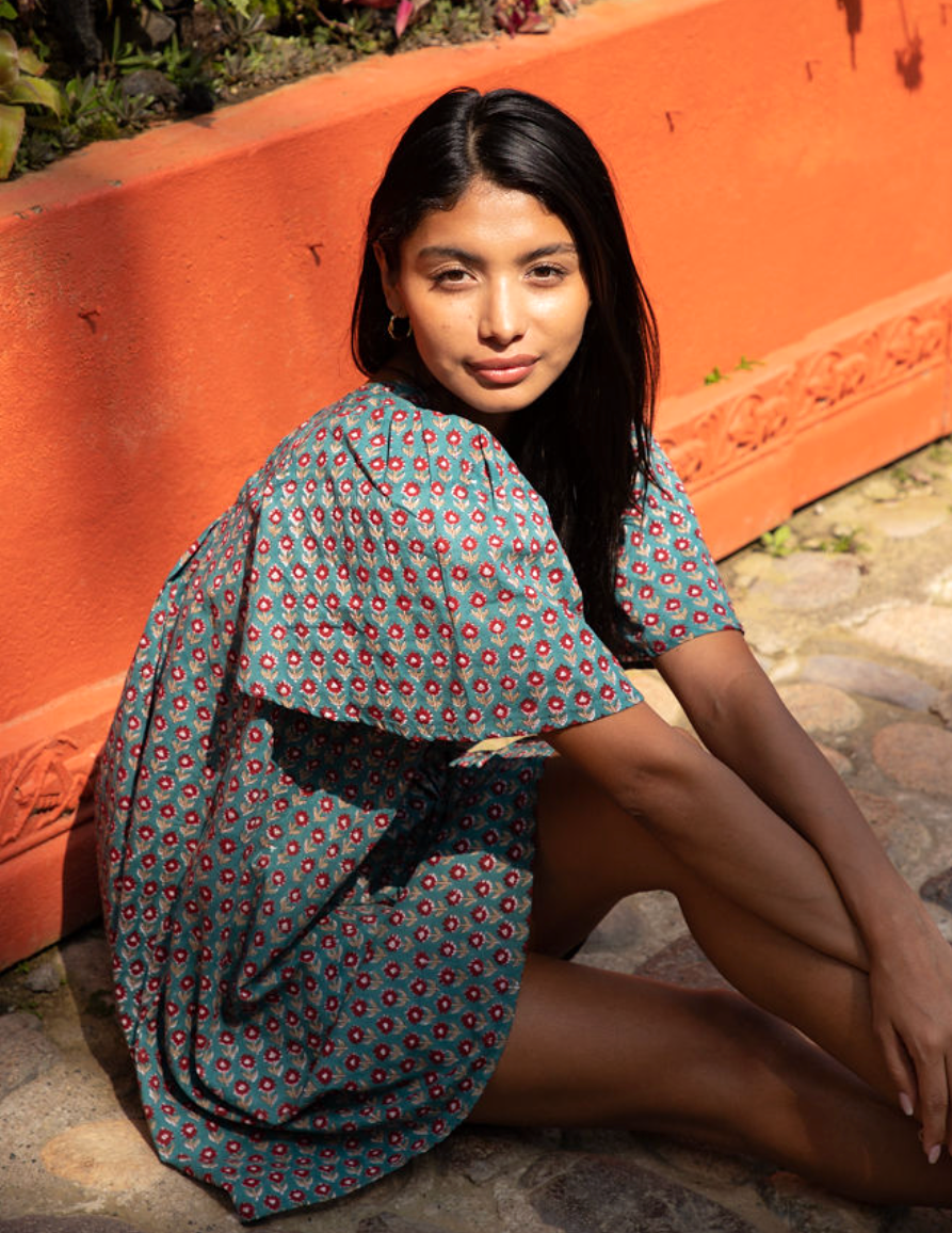 Block Printed Mini Dress (Sanvi dress) - Neptune