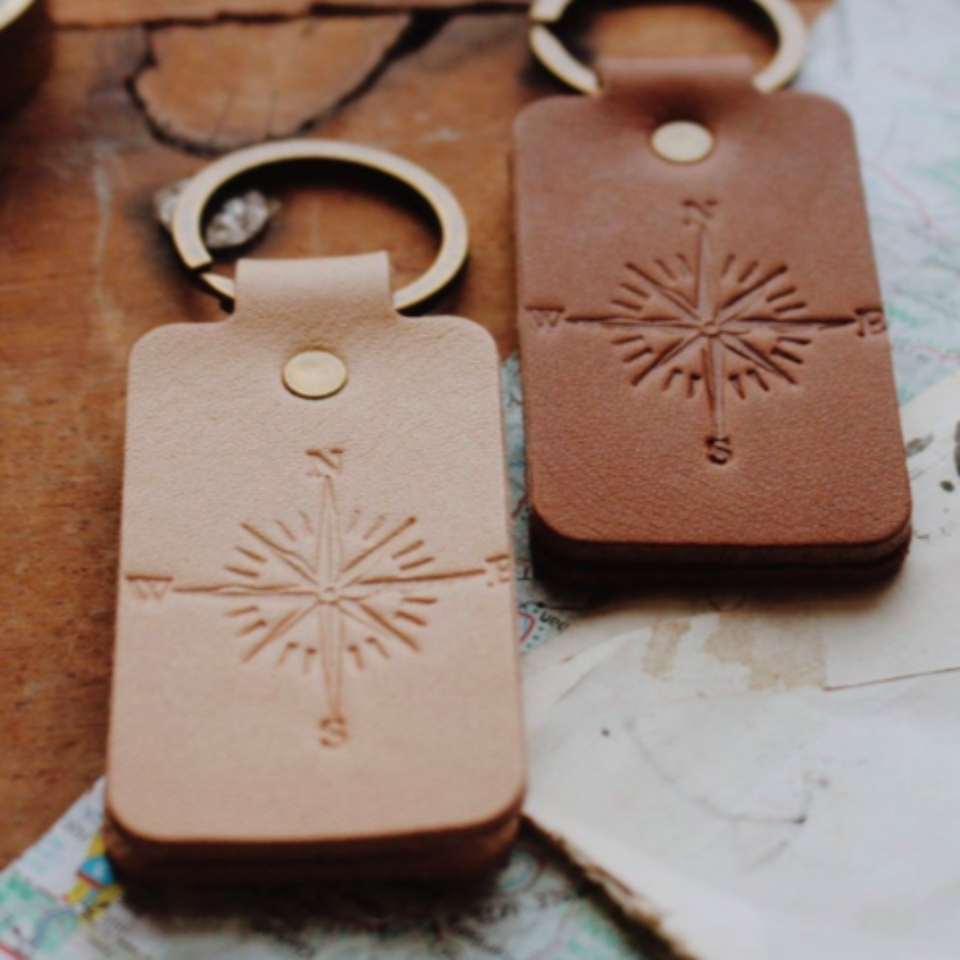 Double Sided Compass Leather Keychain Key Fob