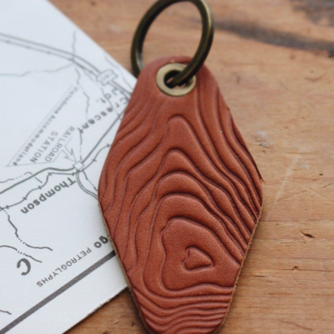 Topographic Map Motel Leather Keychain Key Fob